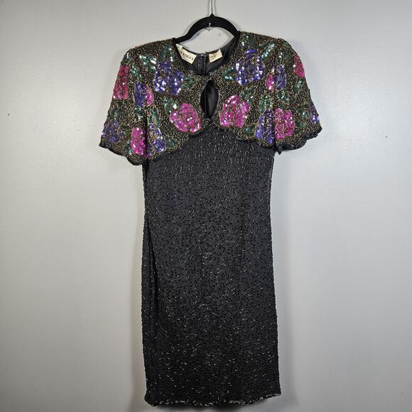 Night Vogue Vintage Dress Silk Sequin Beaded Black Size Small Cocktail - Picture 1 of 10